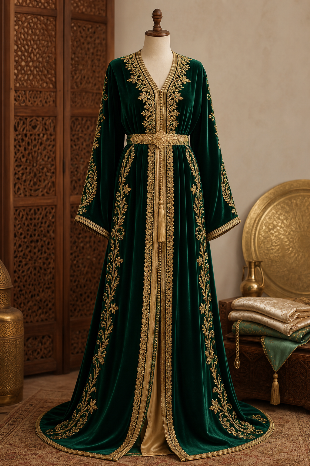 Caftan marocain émeraude avec broderie or