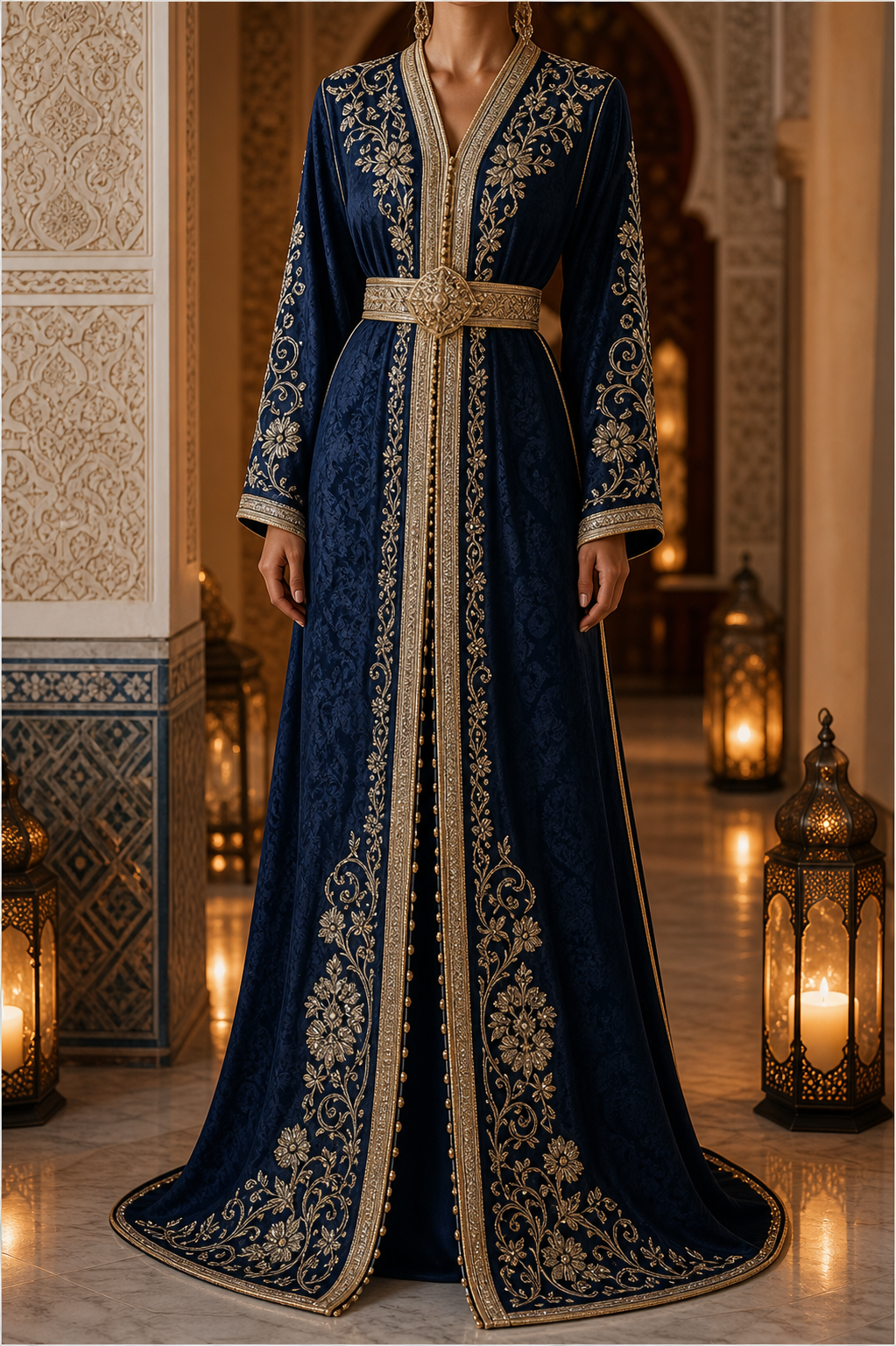 Caftan marocain bleu nuit brodé or et argent