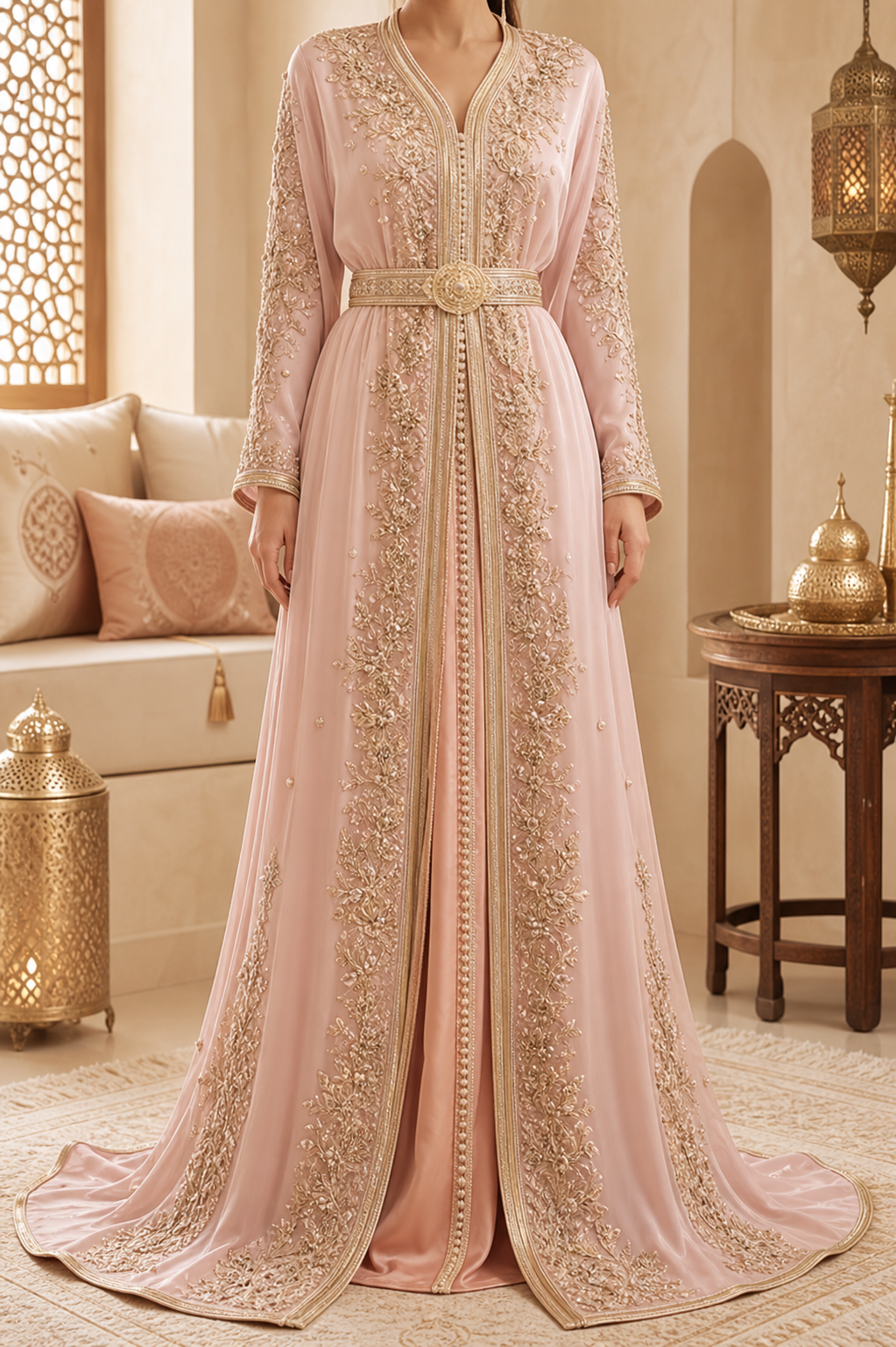 Caftan marocain rose poudré avec broderie champagne