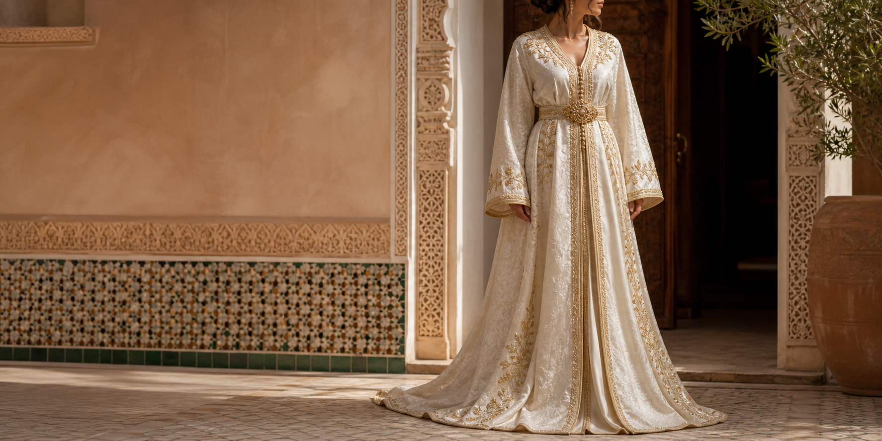 Caftan marocain ivoire brodé d'or dans un riad